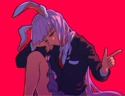 Rule 34 | 1girl, @ @, animal ears, blazer, chromatic aberration, closed mouth, collared shirt, crescent, crescent pin, finger gun, formal, hand on own cheek, hand on own face, jacket, knee up, lapel pin, lapels, long hair, long sleeves, me ri0815, necktie, notched lapels, one eye closed, pleated skirt, purple hair, rabbit ears, red background, red necktie, reisen udongein inaba, shirt, simple background, sitting, skirt, suit, touhou