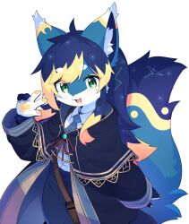 Rule 34 | 1girl, ahoge, animal ear fluff, animal ears, ascot, blonde hair, blue ascot, blue hair, blue pants, capelet, cat ears, cat tail, claws, constellation, dev voxy, fang, furry, furry female, green eyes, highres, long hair, looking at viewer, mole, mole under eye, multicolored hair, open mouth, original, pants, patterned hair, pawpads, second-party source, shirt tucked in, sidelocks, simple background, solo, tail, w, white background