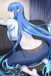 Rule 34 | 1girl, ass, barefoot, belt, blue eyes, blue hair, blue skirt, blunt bangs, breasts, brown belt, butt crack, colored skin, commentary, couch, cropped shirt, curtains, dimples of venus, dina (monster musume), english commentary, feet, highres, indoors, large breasts, lindaroze, liquid hair, long hair, monster girl, monster musume no iru nichijou, monster musume no iru nichijou online, on couch, pocket, pointy ears, raised eyebrow, shirt, short sleeves, skirt, soles, solo, twitter username, underboob, undine, very long hair, watermark, web address, white shirt, white skin