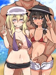 Rule 34 | 1boy, 2girls, absurdres, beach, bikini, black hair, blonde hair, blush, grabbing another&#039;s breast, breasts, day, fingering, grabbing, groin, groping, hat, hato no suisou, highres, large breasts, licking lips, looking at viewer, maribel hearn, multiple girls, navel, ocean, open mouth, pimp, purple bikini, purple eyes, red bikini, red eyes, shorts, skirt, sky, small breasts, smile, sweat, swimsuit, tongue, tongue out, touhou, usami renko, v
