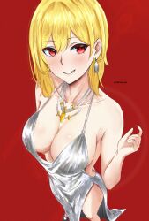 Rule 34 | 1girl, absurdres, azur lane, backless dress, backless outfit, blonde hair, blush, breasts, cleavage, commentary, cosplay, cowl neck, dress, earrings, english commentary, foot out of frame, from above, hair between eyes, hairband, highres, hololive, hololive indonesia, jewelry, kaela kovalskia, large breasts, looking at viewer, medium hair, mymzi, necklace, parted lips, plunging neckline, red background, red eyes, red hairband, revealing clothes, side slit, silver dress, simple background, sleeveless, sleeveless dress, smile, solo, st. louis (azur lane), st. louis (azur lane) (cosplay), st. louis (luxurious wheels) (azur lane), standing, twitter username, virtual youtuber