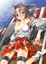 Rule 34 | 10s, 1girl, bad id, bad pixiv id, blush, breasts, brown eyes, brown hair, condom, condom packet strip, condom wrapper, female focus, flight deck, hachimaki, headband, highres, kantai collection, long hair, looking at viewer, mio (fastest lap), open mouth, panties, ponytail, skirt, solo, striped clothes, striped panties, tears, thigh strap, underwear, zuihou (kancolle)