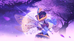 Rule 34 | 1girl, 5health, arthropod girl, bug, cherry blossoms, gloves, half-closed eyes, highres, insect wings, kirby: triple deluxe, kirby (series), monster, monster girl, moom, nintendo, purple eyes, queen sectonia, solo, sword, tree, weapon, wings