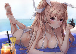 Rule 34 | 1girl, alternate costume, ass, bare legs, bare shoulders, barefoot, beach, bikini, blush, breasts, brown hair, cleavage, cocktail glass, collarbone, commentary request, cup, day, drinking glass, feet, feet up, gloves, hair ribbon, half gloves, halterneck, johnston (kancolle), kantai collection, long hair, looking at viewer, lying, medium breasts, on stomach, outdoors, purple eyes, ribbon, single glove, soles, solo, string bikini, swimsuit, takanashi kei (hitsujikan), the pose, toes, water, white bikini