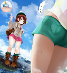 Rule 34 | ..., 2girls, alicemagic, ass, backpack, bag, blue sky, bob cut, boots, brown eyes, brown footwear, brown hair, cardigan, city, close-up, cloud, cloudy sky, commentary request, creatures (company), crushing, dress, dynamax, game freak, gen 8 pokemon, giant, giantess, gloria (pokemon), green headwear, green legwear, green shorts, grey cardigan, hat, highres, landscape, long sleeves, miniskirt, multiple girls, nintendo, on finger, pink dress, pointing, pointing up, pokemon, pokemon (creature), pokemon sm, pokemon swsh, selene (pokemon), short hair, shorts, skirt, sky, smile, sobble, socks, sparkle, surprised, sweatdrop, swept bangs, tam o&#039; shanter, thighs