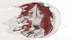 Rule 34 | 1girl, absurdres, bottle, broken bottle, closed mouth, frogggu, glass bottle, gold choker, green eyes, hair ornament, highres, long hair, looking at viewer, portrait, puddle, red hair, reflection, reflection focus, reflective water, reverse:1999, sand, solo, weibo logo, weibo watermark, white background