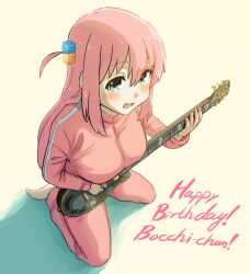 Rule 34 | 1girl, blue eyes, blush, bocchi the rock!, breasts, character name, cube hair ornament, electric guitar, gotoh hitori, guitar, gussuripii, hair between eyes, hair ornament, happy birthday, highres, holding, holding instrument, instrument, jacket, large breasts, long hair, long sleeves, looking at viewer, one side up, pants, pink hair, pink jacket, pink pants, pink track suit, seiza, sitting, solo, track jacket, track pants