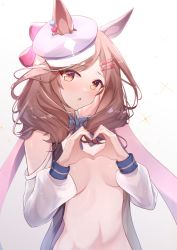Rule 34 | 1girl, animal ears, blush, breasts, brown hair, cabbie hat, commentary request, elanore, hair ornament, hairclip, hat, heart, heart hands, horse ears, horse girl, looking at viewer, matikane tannhauser (umamusume), medium breasts, medium hair, open clothes, open mouth, pouch, ribbon, sparkle, umamusume, white background