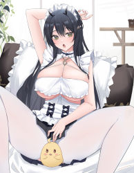 Rule 34 | 1girl, absurdres, apron, azur lane, black hair, blush, breasts, cleavage, collar, frilled apron, frilled collar, frills, green eyes, hair between eyes, highres, indomitable (azur lane), indomitable (ms. motivationless maid) (azur lane), kirin3145, large breasts, long hair, looking at viewer, maid, maid apron, maid headdress, open mouth, pantyhose, parted bangs, pillow, sitting, solo, white pantyhose