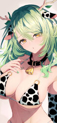 Rule 34 | 1girl, animal ears, animal print, antlers, bell, bikini, blush, braid, braided bangs, branch, breasts, ceres fauna, cleavage, collarbone, cow ears, cow print, cow print bikini, cowbell, flower, getto, gloves, green hair, green nails, hair flower, hair ornament, hair over shoulder, highres, hololive, hololive english, horns, large breasts, long hair, looking at viewer, mole, mole under eye, multicolored hair, navel, neck bell, open mouth, print bikini, solo, swimsuit, virtual youtuber, yellow eyes