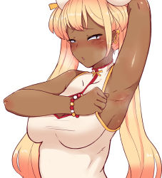 Rule 34 | 1girl, armpits, arms up, blonde hair, blush, cham cham, dark skin, maplestory 2, open mouth, smell, steam, tagme