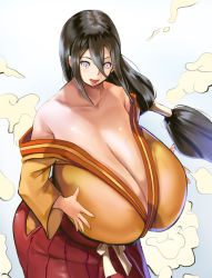 Rule 34 | 10s, 1girl, bare shoulders, boruto: naruto next generations, breasts, brown hair, cleavage, gigantic breasts, hyuuga hanabi, japanese clothes, long hair, looking at viewer, low-tied long hair, naruto, naruto (series), open mouth, purple eyes, seinto (metameter), smile, solo, standing, veins, veiny breasts