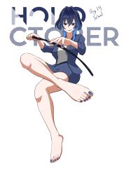 1girl absurdres alternate_costume bare_legs barefoot blue_eyes blue_hair blue_jacket blue_nails blue_skirt blush breasts collarbone commentary crossed_legs english_commentary eyelashes feet foot_focus foreshortening full_body hair_between_eyes hair_intakes highres holding holding_pointer hololive hololive_english invisible_chair jacket legs long_sleeves looking_at_viewer medium_breasts miniskirt multicolored_hair nail_polish ouro_kronii pointer scleaver shadow shirt short_hair simple_background sitting skirt smirk solo streaked_hair teacher toenail_polish toenails toes virtual_youtuber white_background white_shirt