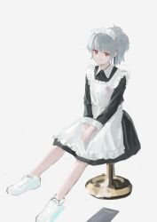 Rule 34 | 1girl, absurdres, apron, black dress, closed mouth, collared dress, dress, frilled apron, frills, full body, grey hair, half updo, highres, long sleeves, maid, maid apron, maid headdress, medium hair, original, orval, red eyes, shadow, simple background, sitting, solo, translated, white apron, white background, white footwear