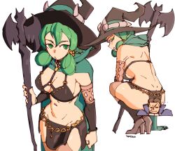 Rule 34 | 1girl, 3amsoda, breasts, censored, cleavage, cloak, green cloak, green eyes, green hair, hat, high heels, highres, hodrick (unicorn overlord), holding, holding staff, long hair, novelty censor, revealing clothes, solo, squatting, staff, unicorn overlord, witch, witch hat, yahna