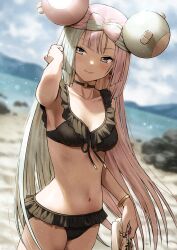 Rule 34 | 1girl, aqua hair, beach, bikini, black bikini, black choker, blue sky, blurry, blurry background, blush, bow-shaped hair, breasts, character hair ornament, choker, closed mouth, cloud, cloudy sky, collarbone, commentary request, creatures (company), day, earrings, fagi (kakikaki), fingernails, frilled bikini, frills, front-tie bikini top, front-tie top, game freak, hair ornament, highres, holding, holding clothes, holding footwear, holding sandals, iono (pokemon), jewelry, light particles, lips, long hair, looking to the side, medium breasts, multicolored hair, nail polish, navel, nintendo, o-ring, o-ring choker, outdoors, pink hair, pink lips, pokemon, pokemon sv, purple eyes, sand, sandals, sky, smile, solo, split-color hair, standing, stomach, swimsuit, thighs, two-tone hair, unworn footwear, unworn sandals, white footwear, yellow bracelet, yellow nails