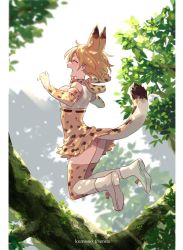 Rule 34 | 1girl, animal ear fluff, animal ears, bare shoulders, bey (bey01st), blonde hair, bow, bowtie, branch, closed eyes, commentary request, elbow gloves, extra ears, fang, gloves, high-waist skirt, jumping, kemono friends, open mouth, print bow, print bowtie, print gloves, print neckwear, print skirt, print thighhighs, serval (kemono friends), serval print, serval tail, shirt, short hair, skirt, sleeveless, solo, tail, thighhighs, tree, white shirt, zettai ryouiki