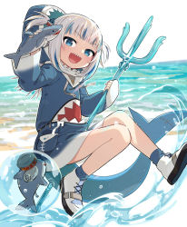 Rule 34 | 1girl, :d, animal costume, animal hood, beach, bloop (gawr gura), blue eyes, blue hair, blue hoodie, blunt bangs, fins, fish tail, full body, gawr gura, gawr gura (1st costume), hair ornament, highres, holding, holding weapon, hololive, hololive english, hood, hoodie, long sleeves, looking at viewer, medium hair, multicolored hair, ocean, open mouth, polearm, shark costume, shark girl, shark hair ornament, shark hood, shark tail, sharp teeth, shoes, shore, silver hair, sleeves past wrists, smile, sneakers, solo, streaked hair, tail, teeth, trident, two side up, uchako, upper teeth only, v-shaped eyebrows, virtual youtuber, weapon, white footwear, wide sleeves