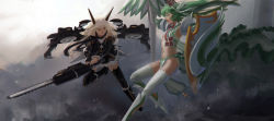 Rule 34 | 2girls, absurdres, aerial battle, battle, blonde hair, boots, chainsaw, doyora, epic, faux traditional media, green eyes, green hair, hatsune miku, highres, horns, lance, long hair, long image, midriff, multiple girls, original, polearm, shield, tagme, thigh boots, thighhighs, vocaloid, weapon, wide image