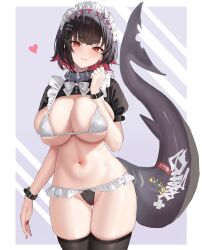1girl absurdres adapted_costume bikini black_hair black_shrug black_thighhighs blush bow bowtie breasts cleavage closed_mouth commentary_request ellen_joe fins fish_tail hair_ornament heart highres horn_hairband huge_breasts looking_at_viewer maid maid_bikini maid_headdress multicolored_hair navel puffy_short_sleeves puffy_sleeves qing_sena red_eyes red_hair shark_girl shark_tail shiny_skin short_hair short_sleeves simple_background skindentation smile solo swimsuit tail thighhighs thighs two-tone_background two-tone_hair unconventional_maid white_bow white_bowtie white_headdress x_hair_ornament zenless_zone_zero
