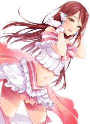 Rule 34 | 10s, 1girl, :d, blush, brown eyes, crop top, earrings, frilled skirt, frills, gloves, hair ornament, hairclip, hands in hair, highres, jewelry, koi ni naritai aquarium, layered skirt, long hair, looking at viewer, love live!, love live! school idol project, love live! sunshine!!, midriff, navel, off-shoulder shirt, off shoulder, open mouth, pink thighhighs, red hair, sakurauchi riko, shirt, simple background, skirt, smile, solo, stomach, tareme, thighhighs, white background, white gloves, white shirt, white skirt, yumari nakura, zettai ryouiki