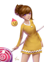 Rule 34 | 1girl, bad id, bad pixiv id, bright cookie, brown hair, candy, cheerful cookie, cheeseberry, cookie run, dress, food, highres, lollipop, long sleeves, looking at viewer, nhaliz, oversized object, ponytail, purple eyes, short hair, simple background, smile, solo, white background, yellow dress