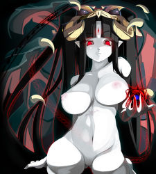 Rule 34 | 1girl, aura, black hair, blunt bangs, breasts, colored skin, demon girl, demon wings, glowing, hair ornament, horns, huge breasts, kneeling, long hair, magic circle, navel, nipples, no pussy, nude, original, pale skin, parted bangs, pointy ears, pure white demon (succubus prison), red eyes, seiza, shiki (psychedelic g2), sitting, solo, tattoo, third eye, very long hair, white skin, wings