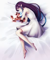 Rule 34 | 1girl, absurdres, barefoot, blood, blood on arm, blood on hands, blue eyes, blue hair, closed mouth, cuts, dress, from side, full body, highres, injury, long hair, lying, matching hair/eyes, multicolored hair, on side, original, pointy ears, profile, purple hair, sabinuma meruti, solo, two-tone hair, very long hair, white dress