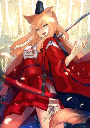 Rule 34 | 1girl, absurdres, animal ear fluff, animal ears, blonde hair, breasts, fangs, fate/extra, fate/extra ccc, fate/extra ccc fox tail, fate (series), fox ears, fox tail, hakama, hakama short skirt, hakama skirt, hat, highres, huge filesize, japanese clothes, long hair, looking at viewer, medium breasts, nishikiya, open mouth, pleated skirt, red ribbon, ribbon, sash, sheath, sheathed, skirt, smile, solo, standing, suzuka gozen (fate), sword, tail, weapon, yellow eyes