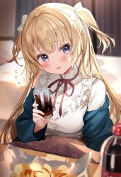 Rule 34 | 1girl, bed, blonde hair, blue eyes, blurry, blurry background, blush, bottle, chips (food), cola, cup, curtains, food, frilled shirt, frills, highres, holding, holding cup, indoors, jacket, jacket on shoulders, kanda done, kotatsu, long hair, long sleeves, looking at viewer, open mouth, original, shirt, sitting, soda, soda bottle, solo, table, twintails, white shirt