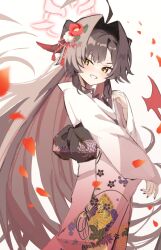 Rule 34 | 1girl, ahoge, black hair, black horns, black tail, blue archive, blush, demon horns, demon tail, floral print, flower, grin, hair flower, hair intakes, hair ornament, halo, highres, horns, japanese clothes, kasumi (blue archive), kimono, long hair, long sleeves, looking at viewer, obi, print kimono, red flower, red halo, ro/ku, sash, simple background, smile, solo, tail, white background, white kimono, wide sleeves, yellow eyes