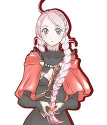 Rule 34 | 1girl, ahoge, black bridal gauntlets, blue eyes, braid, bridal gauntlets, capelet, chirashizu, fire emblem, fire emblem fates, hairband, harness, hood, hood down, hooded capelet, looking at viewer, low twin braids, low twintails, nina (fire emblem), nintendo, o-ring, o-ring harness, red capelet, twin braids, twintails