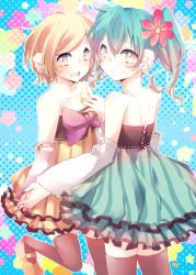 Rule 34 | 2girls, aqua hair, bad id, bad pixiv id, blonde hair, colorful x melody (vocaloid), detached sleeves, holding hands, hatsune miku, highres, kagamine rin, kawa (masru), multiple girls, nail polish, project diva (series), project diva 2nd, short hair, smile, thighhighs, vocaloid