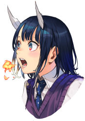 Rule 34 | 1girl, aoki ruri, blue eyes, blue hair, blush, breath weapon, breathing fire, dragon girl, dragon horns, fire, from side, horns, hungry clicker, jewelry, necklace, open mouth, portrait, ruri dragon, shirt, simple background, solo, vest, white background, white shirt