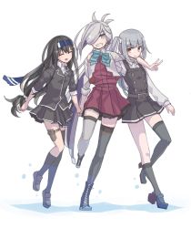 Rule 34 | 3girls, ahoge, arm warmers, asashimo (kancolle), asymmetrical legwear, black hair, black legwear, black ribbon, black skirt, blazer, boots, brown eyes, closed eyes, commentary request, cross-laced footwear, dress, full body, fuyumika, grey eyes, grey hair, grey legwear, grin, hair over one eye, halterneck, hatsushimo (kancolle), headband, highres, jacket, kantai collection, kasumi (kancolle), lace-up boots, long hair, long sleeves, low-tied long hair, mismatched legwear, multiple girls, pinafore dress, pleated skirt, ponytail, red ribbon, remodel (kantai collection), ribbon, rudder footwear, school uniform, side ponytail, simple background, single thighhigh, skirt, sleeveless dress, sleeves rolled up, smile, thighhighs, white background