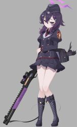 Rule 34 | 1girl, black footwear, black hat, black jacket, black skirt, blue archive, boots, closed mouth, commentary request, cross-laced footwear, fp6, full body, garrison cap, grey background, gun, hair between eyes, hair ornament, hairclip, halo, haruka (blue archive), hat, highres, holding, holding gun, holding weapon, jacket, juliet sleeves, koflif, lace-up boots, long hair, long sleeves, looking at viewer, pleated skirt, puffy sleeves, purple eyes, purple hair, red shirt, shirt, simple background, skirt, solo, weapon