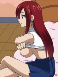 Rule 34 | 1girl, awa, clothes lift, erza scarlet, fairy tail, female focus, long hair, nipples, red hair, shirt, shirt lift, sitting, skirt, solo, testicles, undressing