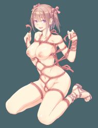 Rule 34 | 1girl, :d, armpits, blunt bangs, breasts, brown hair, fingernails, full body, green background, hair ribbon, hands up, large breasts, looking at viewer, navel, nipples, no socks, nude, open mouth, original, purple eyes, ribbon, sandals, shibari, short hair, simple background, sitting, smile, solo, toenails, twintails, uniskie