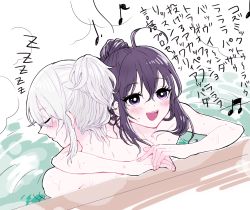 Rule 34 | 10s, 2boys, ahoge, alternate hairstyle, bad id, bad pixiv id, bath, bathing, hair bun, honebami toushirou, kyandanesuti 4-sei, long hair, male focus, multiple boys, music, namazuo toushirou, ponytail, purple eyes, singing, single hair bun, sleeping, touken ranbu, translation request, white hair