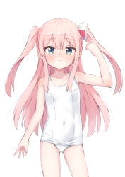 Rule 34 | 1girl, blush, chiyoda momo, closed mouth, covered navel, female focus, gluteal fold, green eyes, headgear, highres, kuramoto takato, long hair, looking at viewer, machikado mazoku, one-piece swimsuit, pink hair, shiny skin, simple background, solo, standing, swimsuit, twintails, white background, white one-piece swimsuit