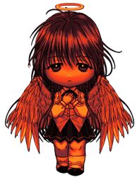 Rule 34 | 1girl, ahoge, angel, angel wings, black skirt, braid, chibi, collared shirt, feathered wings, full body, halo, hands on own chest, long hair, looking at viewer, masatokinaino, own hands together, pleated skirt, sayonara wo oshiete, school uniform, shirt, side braids, simple background, skirt, smile, socks, solo, straight-on, sugamo mutsuki, vest, white background, white shirt, wings