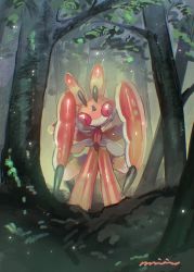 Rule 34 | commentary request, creatures (company), forest, game freak, gen 7 pokemon, leaf, looking at viewer, lurantis, majikichi (miyama), nature, nintendo, no humans, outdoors, pokemon, pokemon (creature), signature, solo, standing, tree