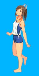 Rule 34 | 1girl, absurdres, barefoot, blouse, blue background, blue one-piece swimsuit, brown eyes, brown hair, full body, hair ornament, hairclip, head tilt, highres, i-401 (kancolle), kantai collection, looking at viewer, name tag, one-piece swimsuit, one-piece tan, orange sailor collar, ponytail, sailor collar, school swimsuit, shirt, short hair, short ponytail, simple background, sleeveless, sleeveless shirt, smile, solo, swimsuit, swimsuit under clothes, tan, tanline, white shirt, yuuji (and)