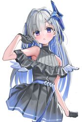 Rule 34 | 1girl, amane kanata, angel wings, bare shoulders, black dress, black gloves, blue hair, dress, flat chest, gloves, grey hair, hair ornament, hairclip, halo, highres, hololive, kanzarin, long hair, looking at viewer, multicolored hair, open mouth, purple eyes, solo, star halo, streaked hair, virtual youtuber, wings
