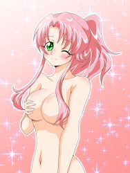 Rule 34 | 1girl, blush, breasts, convenient censoring, covering privates, covering one breast, gradient background, green eyes, hair censor, hair over breasts, hair over one breast, highres, inabakun00, large breasts, long hair, looking at viewer, navel, nude, one eye closed, original, out-of-frame censoring, pink background, pink hair, ponytail, rio (inaba), smile, solo, sparkle, sparkle background, standing, wink