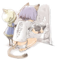 Rule 34 | 00s, animal ears, automaton, bad id, bad pixiv id, blowing, bracer, cat girl, comic, dust, final fantasy, final fantasy xi, game console, mithra (ff11), nucomas, purple hair, short hair, simple background, tail, underwear, white background