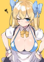 Rule 34 | 1girl, 4410 (kanimiso), absurdres, apron, bent over, bikini, bikini top only, black dress, blonde hair, blue bikini, blue bow, blue eyes, blush, borrowed character, bow, bowtie, breastless clothes, breasts, cleavage, closed mouth, collarbone, commentary, detached collar, dress, frown, hair bow, hands on own hips, highres, large breasts, lina (michihasu), long hair, looking at viewer, maid, maid apron, one eye closed, orange bow, orange bowtie, original, short sleeves, sidelocks, sketch, solo, squiggle, striped, striped bow, swimsuit, upper body, v-shaped eyebrows, waist apron