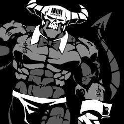 Rule 34 | 1boy, abs, barcode, barcode tattoo, black background, bow, bowtie, clenched teeth, commentary, cowboy shot, demon, demon boy, demon tail, detached collar, english commentary, greyscale, helltaker, horns, looking at viewer, male focus, monochrome, solo, subject 67 (helltaker), tail, tattoo, teeth, vanripper