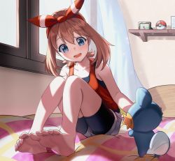 Rule 34 | 1girl, barefoot, bike shorts, bike shorts under shorts, blue eyes, blush, bow hairband, brown hair, collarbone, coma (light825), commentary request, creatures (company), curtains, feet, game freak, gen 3 pokemon, hairband, highres, indoors, legs, may (pokemon), mudkip, nintendo, on bed, open mouth, poke ball, poke ball (basic), pokemon, pokemon (creature), pokemon oras, shelf, shirt, shorts, sitting, sleeveless, sleeveless shirt, soles, teeth, toes, tongue, window
