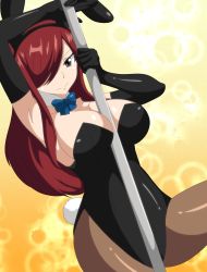 Rule 34 | 1girl, armpits, black leotard, black pantyhose, breasts, brown eyes, elbow gloves, erza scarlet, fairy tail, gloves, highres, large breasts, leotard, long hair, pantyhose, playboy bunny, pole, rabbit ears, rabbit tail, red hair, smile, strapless, strapless leotard, stripper pole, tagme, trenganfinn29